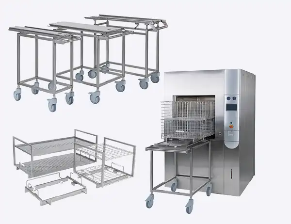 Paniers et bacs grillagés, chariots, trolleys, étagères et cols pour passe-plats Autoclaves de laboratoire, autoclaves